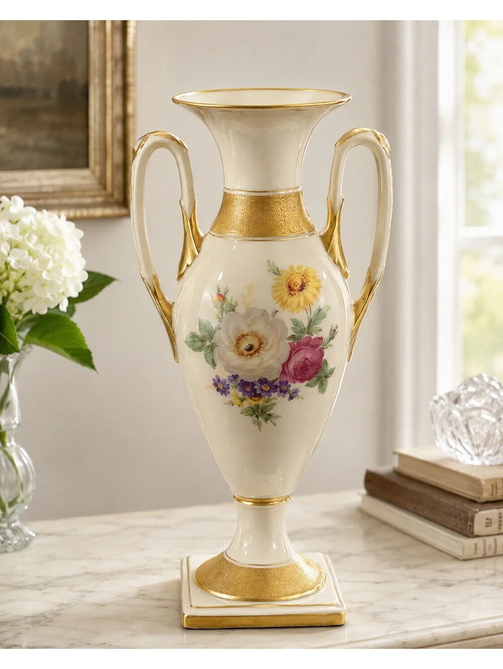 Vintage Lindner Kueps Bavaria Floral Porcelain Amphora Vase Gold Swan Handles